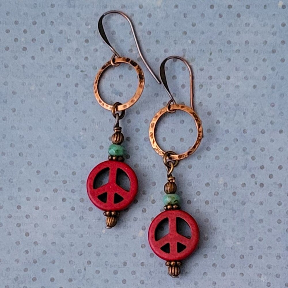 Burgundy RED Howlite Peace Sign Czech Copper Earrings Hammered Circle